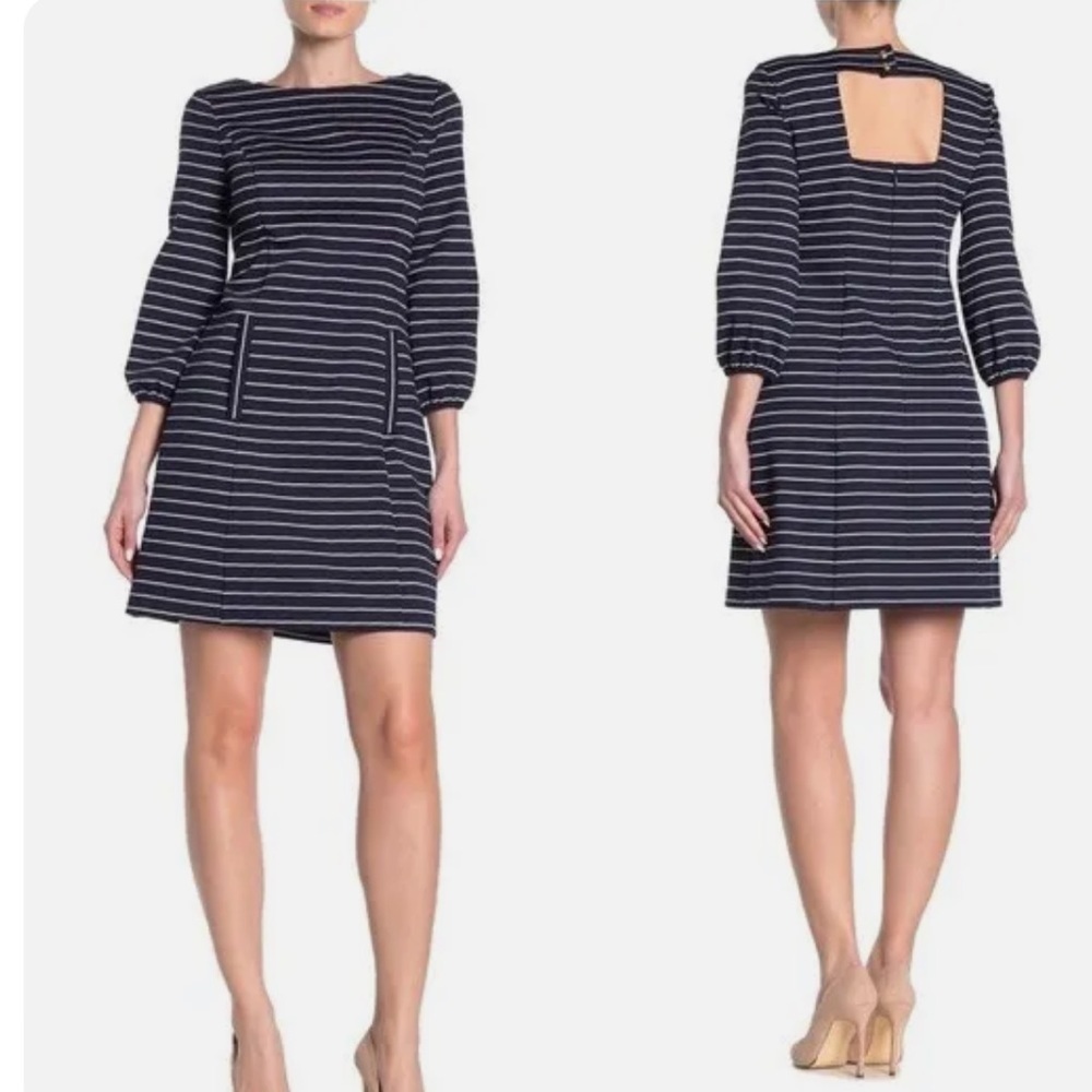 Eliza‎ J Navy Blue White Striped Cutout Mini Nautical Preppy Shift Dress Size 4
